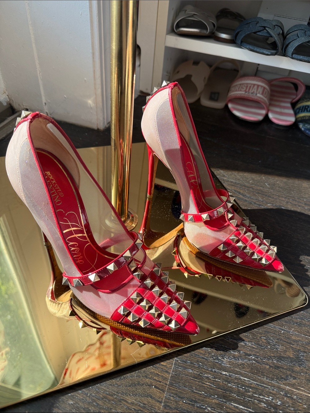 Valentino Garavani red and Gold Studded Pointed-Toe Flats - Picture 8 of 13